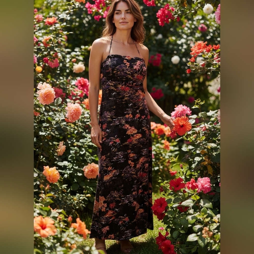 Free People Black Floral Strapless Maxi with Warm Floral Print